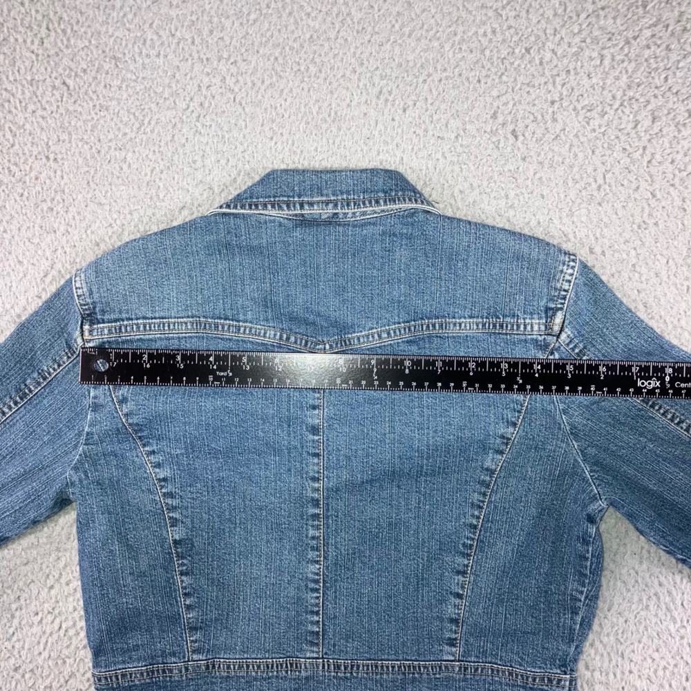 Axcess Denim Jacket Women Medium Blue Stretch Tailored Button Up y2k Peplum Hem - Picture 9 of 10
